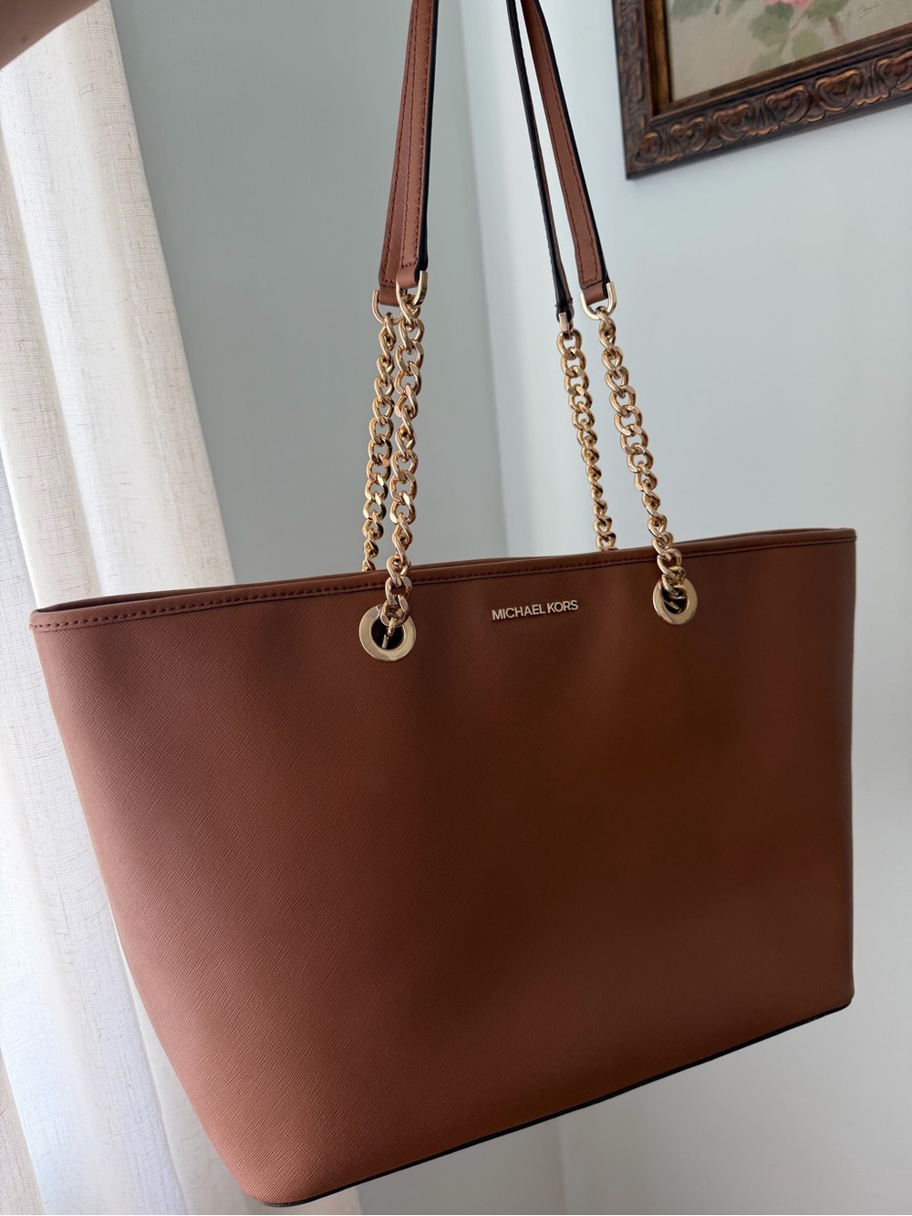 Michael Kors Brown Leather Tote Bag with Gold Chain Straps